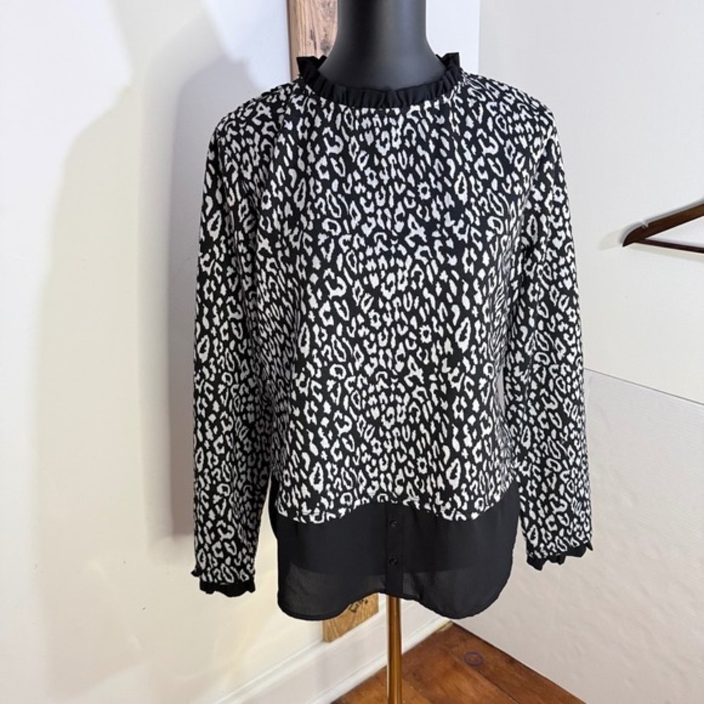 Elle Blouse Women Large Black White Leopard Print Layered Ruffle Mixed Media Top